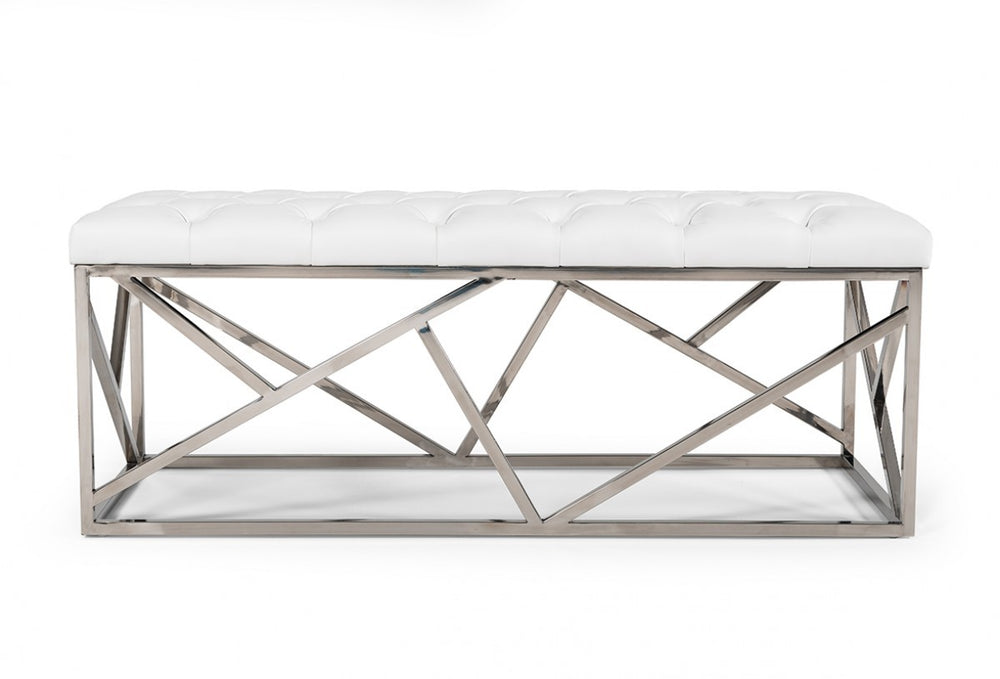 48" White and Silver Upholstered Faux Leather Bench - Homeroots