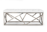48" White and Silver Upholstered Faux Leather Bench - Homeroots