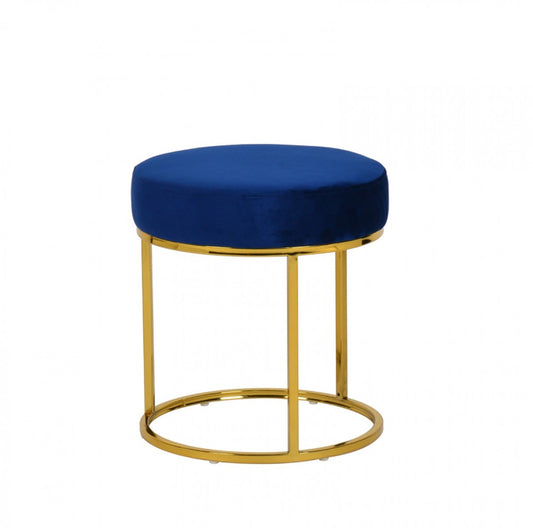 16" Blue Velvet And Gold Round Footstool Ottoman - Homeroots