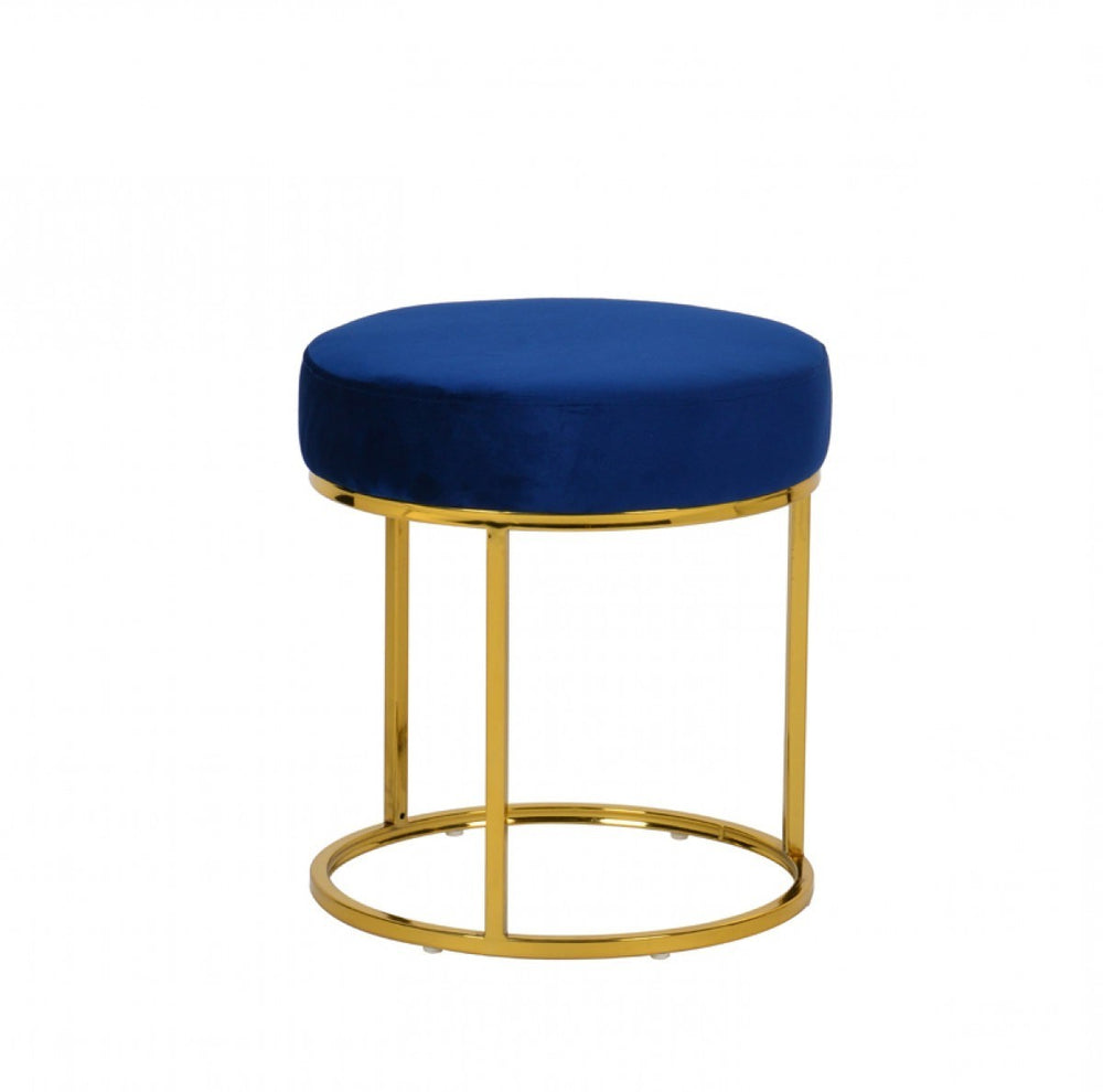 16" Blue Velvet And Gold Round Footstool Ottoman - Homeroots
