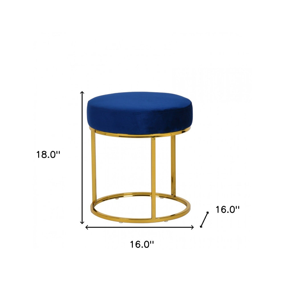 16" Blue Velvet And Gold Round Footstool Ottoman - Homeroots