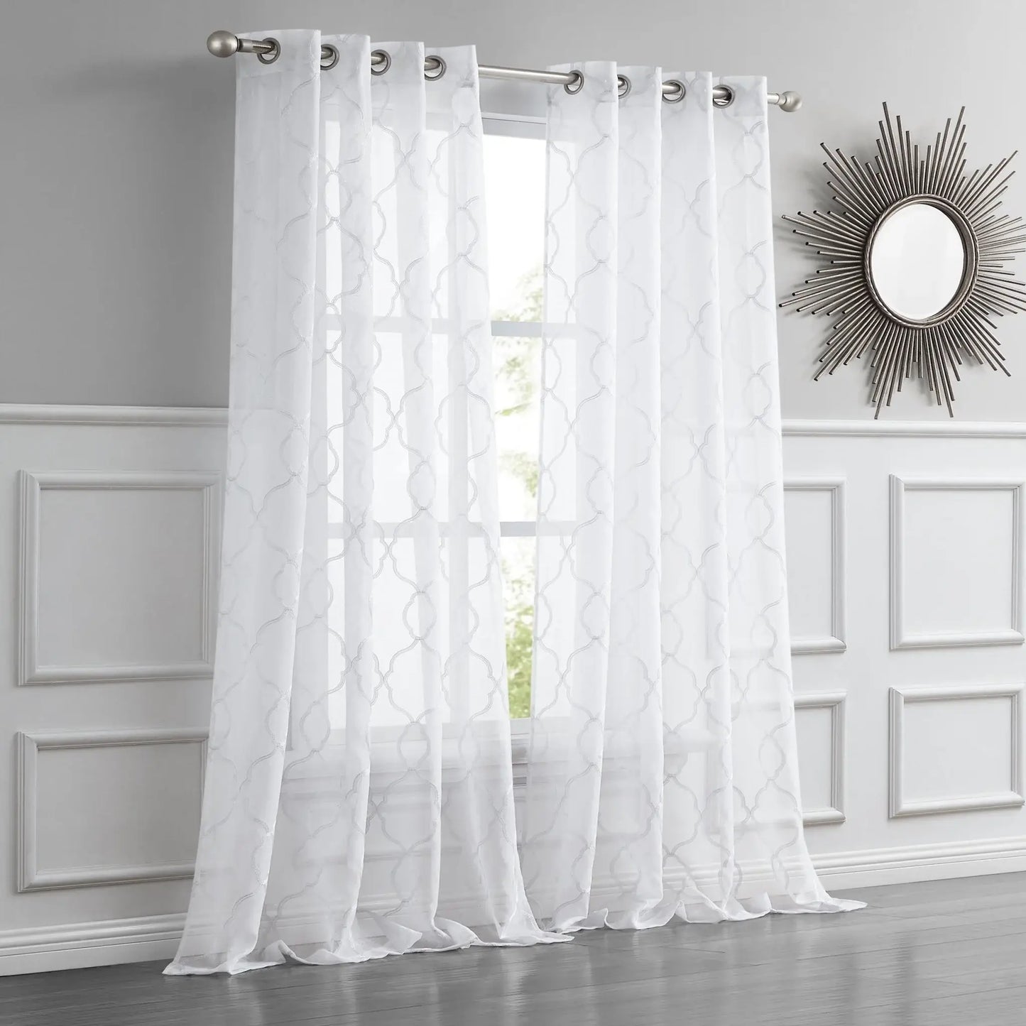84” White Trellis Pattern Embroidered Window Curtain Panel - Homeroots - Flyclothing LLC