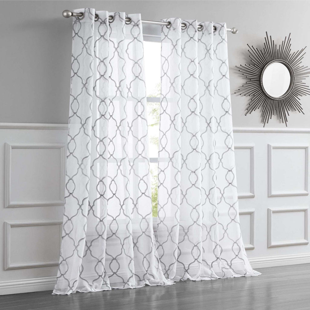 84” Silver Trellis Pattern Embroidered Window Curtain Panel - Homeroots - Flyclothing LLC