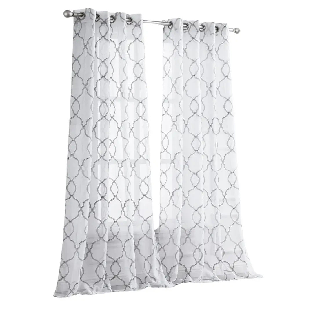 84” Silver Trellis Pattern Embroidered Window Curtain Panel - Homeroots - Flyclothing LLC