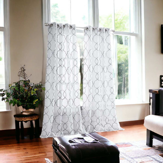 84” Silver Trellis Pattern Embroidered Window Curtain Panel - Homeroots - Flyclothing LLC