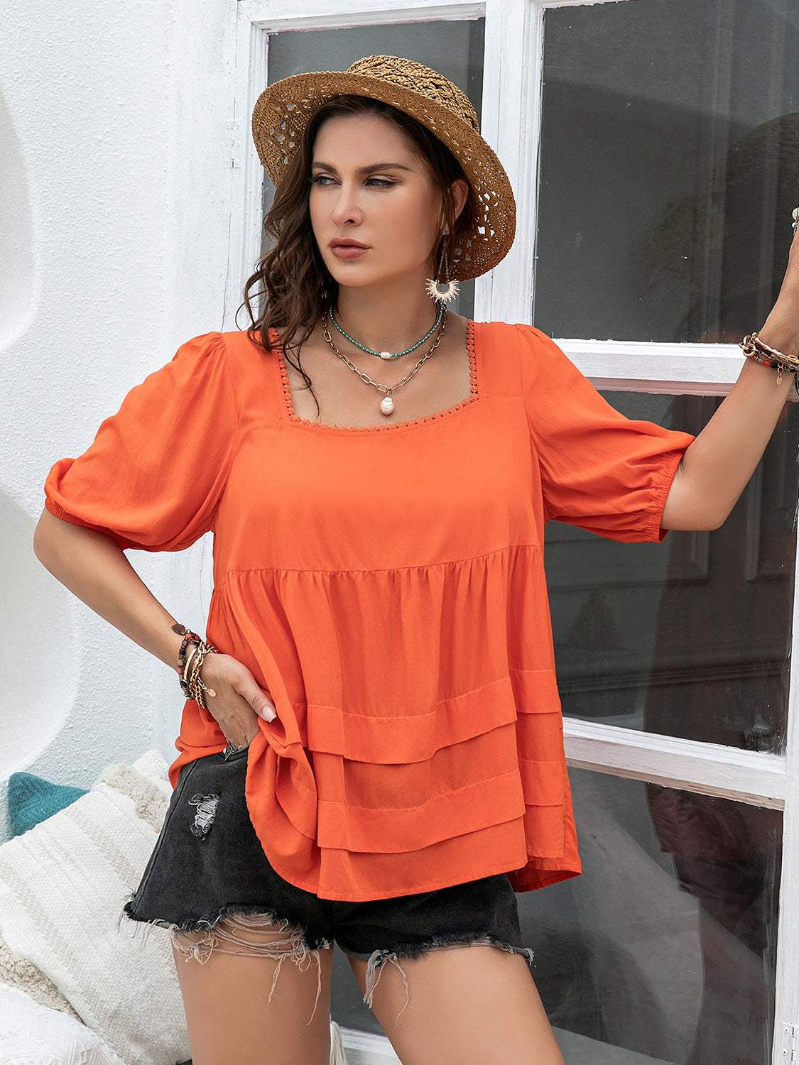 Plus Size Square Neck Half Sleeve Blouse - Trendsi - Flyclothing LLC