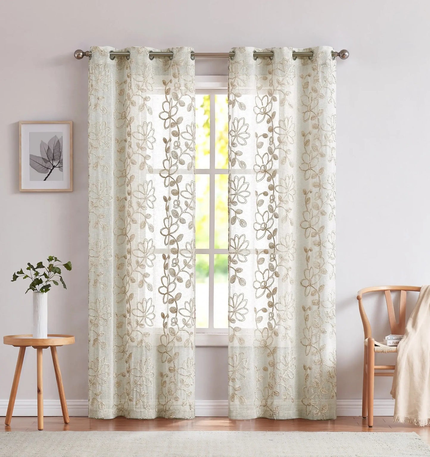 Set of Two 84" Tan Floral Embroidered Window Panels - Homeroots - Flyclothing LLC