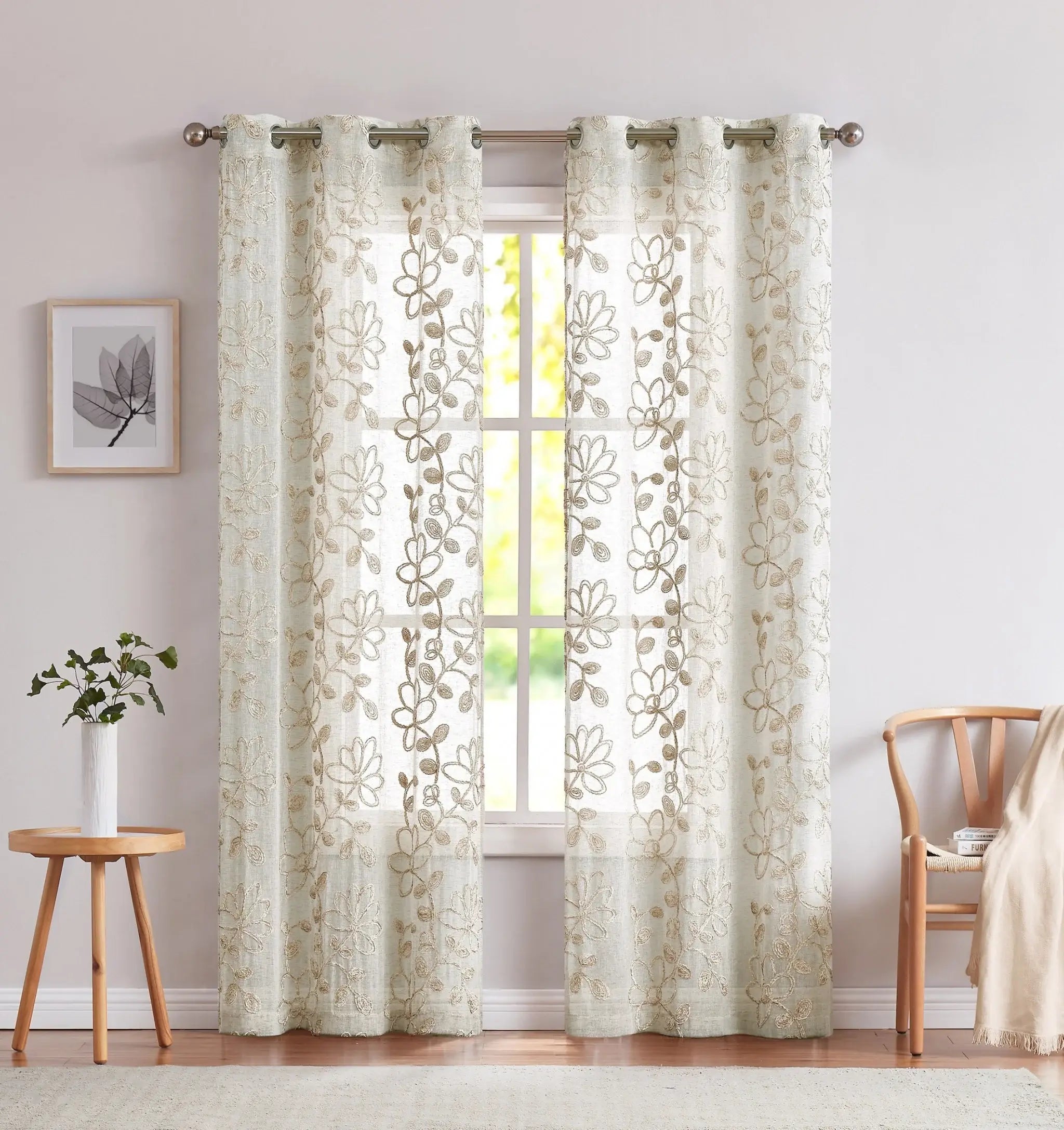 Set of Two 84" Tan Floral Embroidered Window Panels - Homeroots - Flyclothing LLC