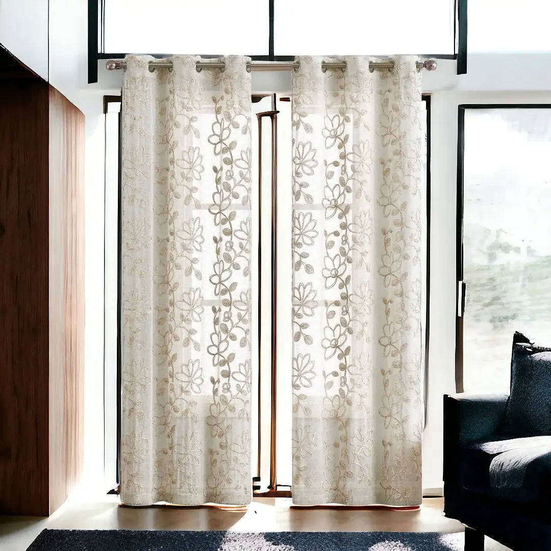 Set of Two 84" Tan Floral Embroidered Window Panels - Homeroots - Flyclothing LLC