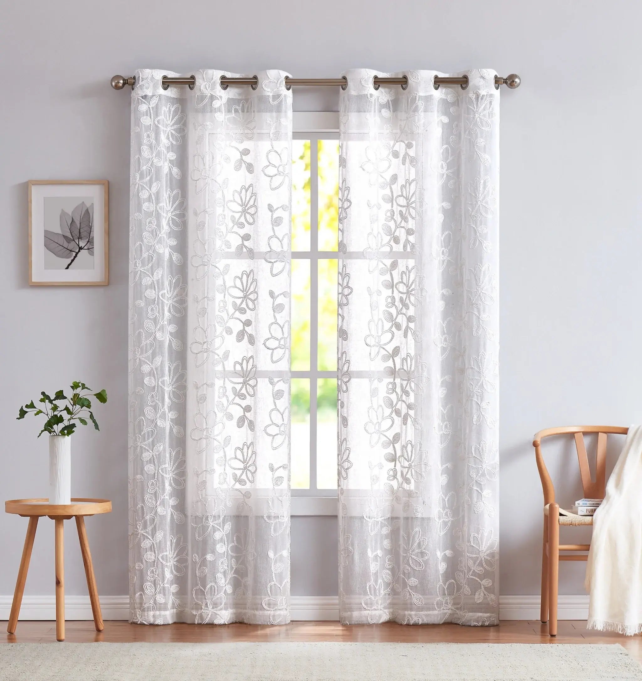 Set of Two 84" White Floral Embroidered Window Panels - Homeroots - Flyclothing LLC