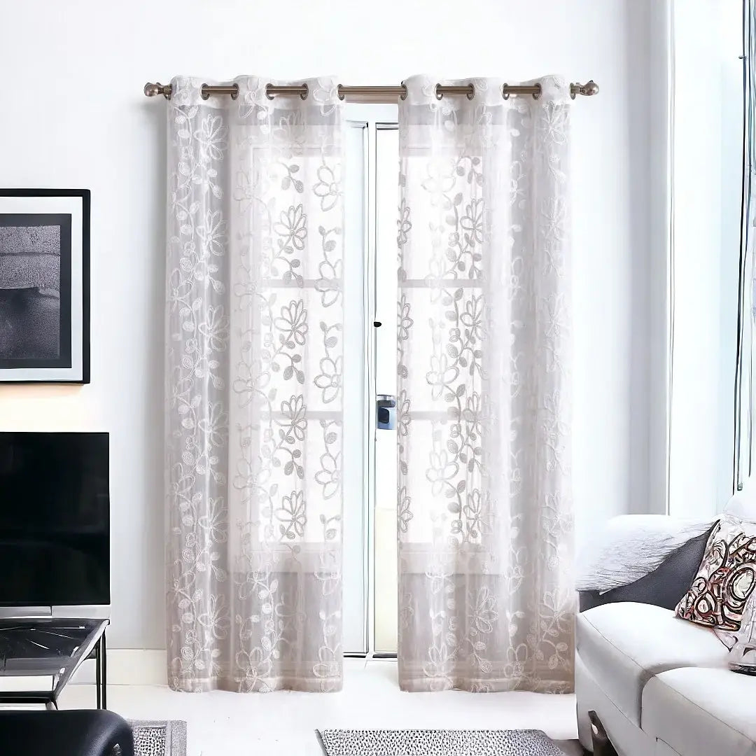 Set of Two 84" White Floral Embroidered Window Panels - Homeroots - Flyclothing LLC