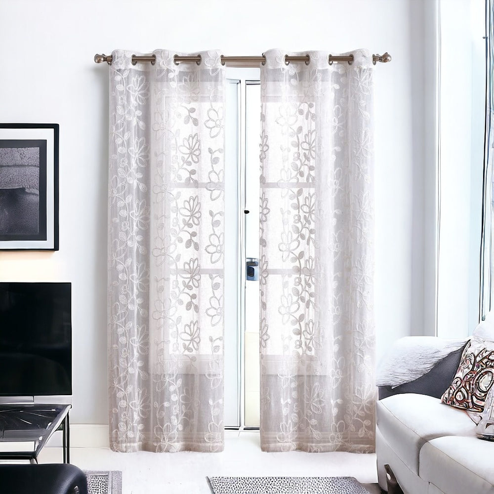 Set of Two 84" White Floral Embroidered Window Panels - Homeroots - Flyclothing LLC