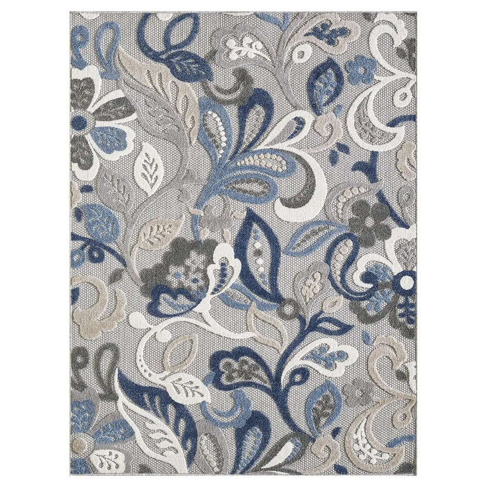 5' X 7' Blue And Gray Floral Stain Resistant Indoor Outdoor Area Rug - Homeroots