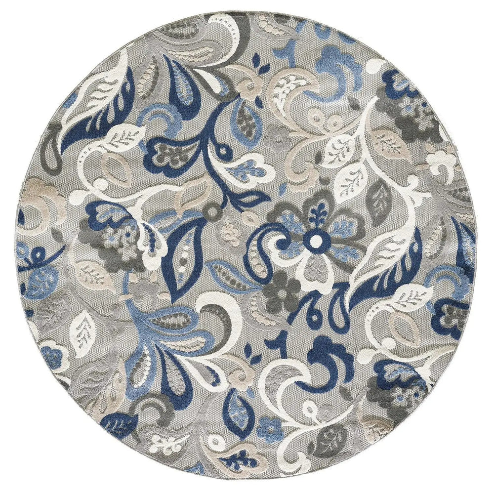 8’ Round Blue Gray Jacobean Floral Indoor Outdoor Area Rug - Homeroots