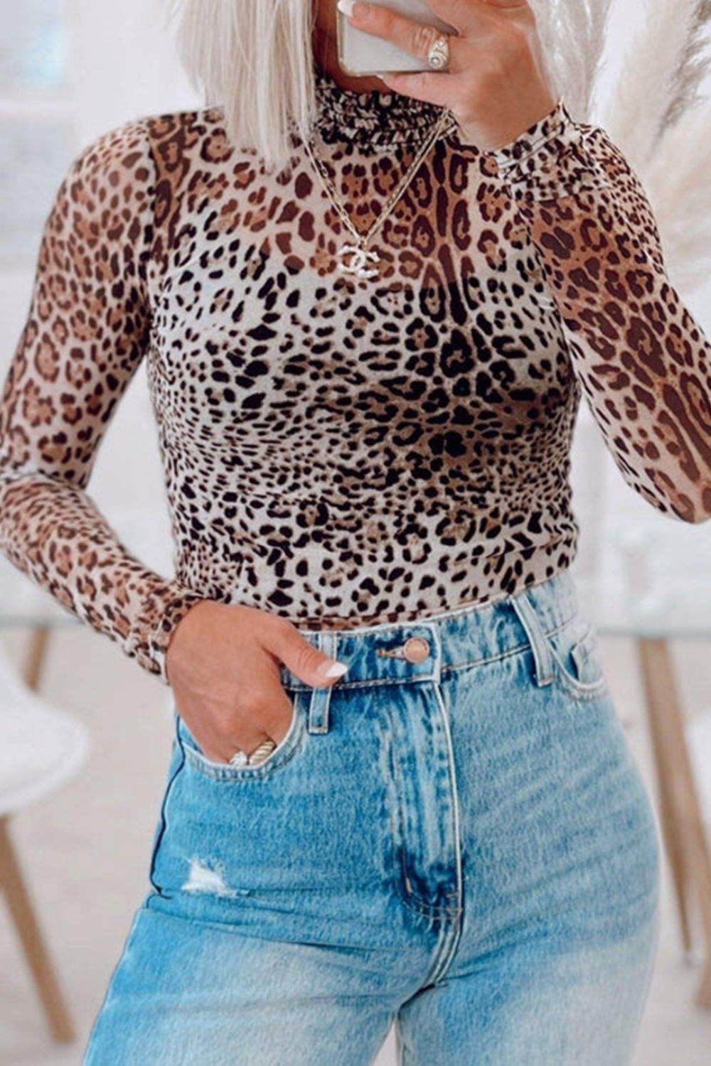 Turtleneck Leopard Long Sleeve Bodysuit - Trendsi - Flyclothing LLC