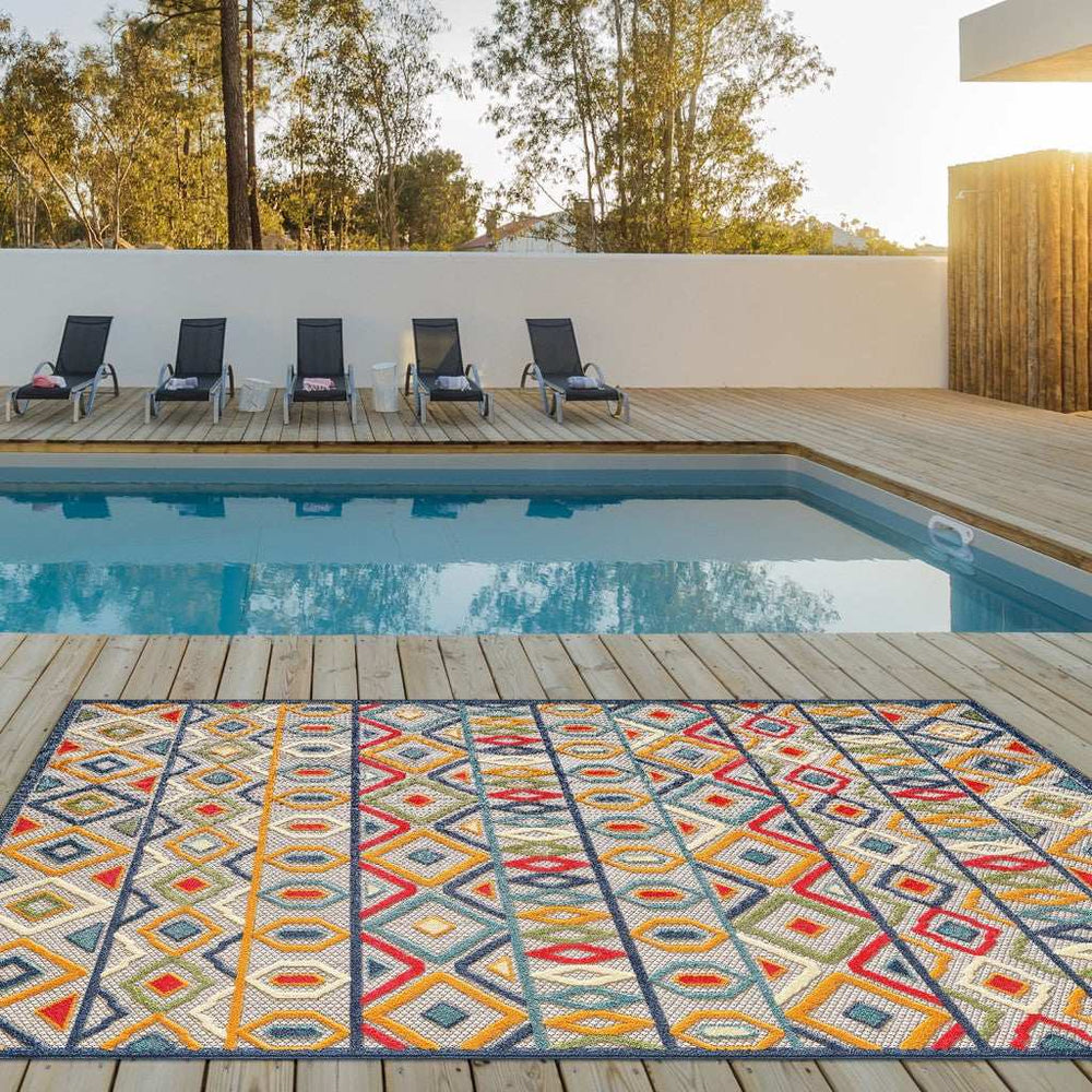 8' X 10' Ivory And Blue Southwestern Stain Resistant Indoor Outdoor Area Rug - Homeroots - Flyclothing LLC