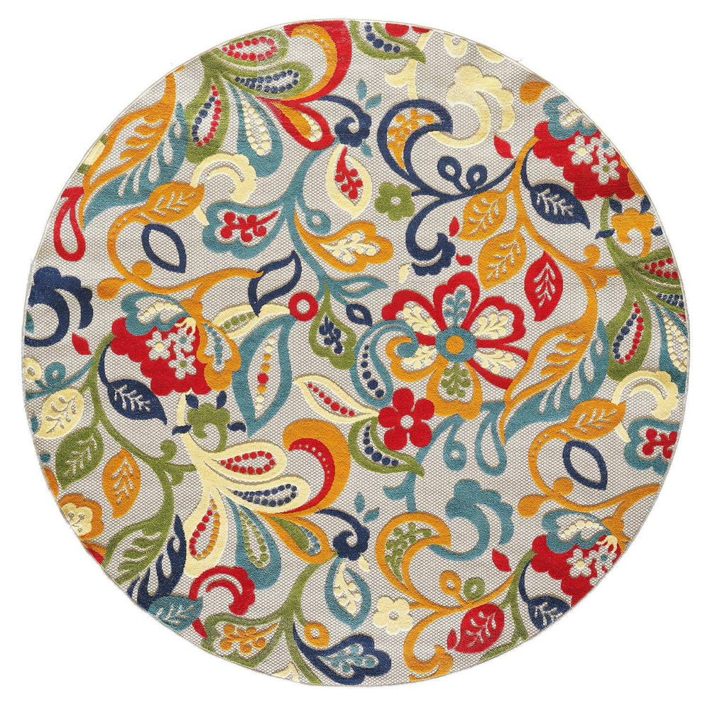 8' Round Ivory And Blue Round Floral Stain Resistant Indoor Outdoor Area Rug - Homeroots - Flyclothing LLC