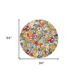 8' Round Ivory And Blue Round Floral Stain Resistant Indoor Outdoor Area Rug - Homeroots