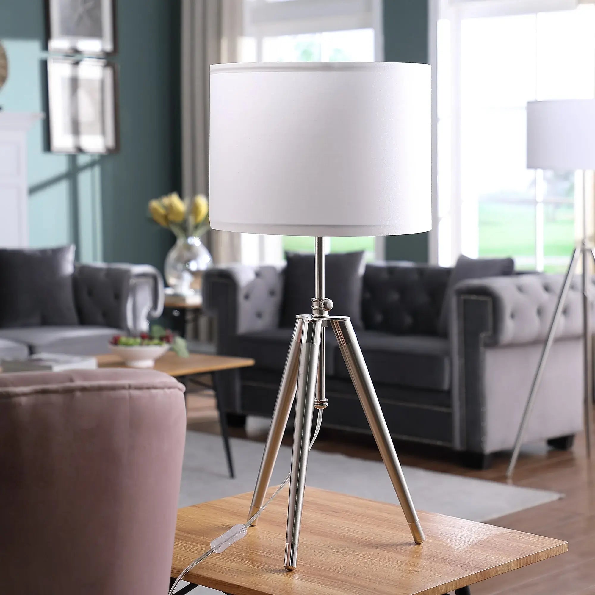34" Silver Metal Adjustable Tripod Table Lamp With White Round Shade - Homeroots - Flyclothing LLC