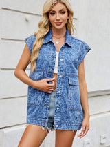 Leopard Button Up Cap Sleeve Denim Jacket - Trendsi - Flyclothing LLC