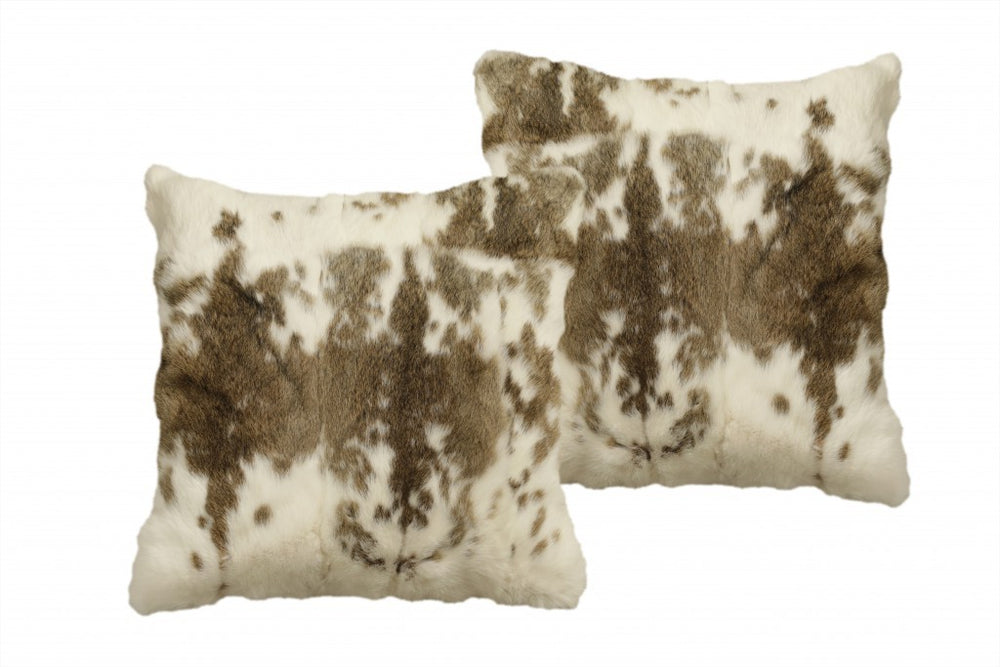 18" X 18" Brown and White Rabbit Animal Print Natural Fur Zippered Pillow - Homeroots