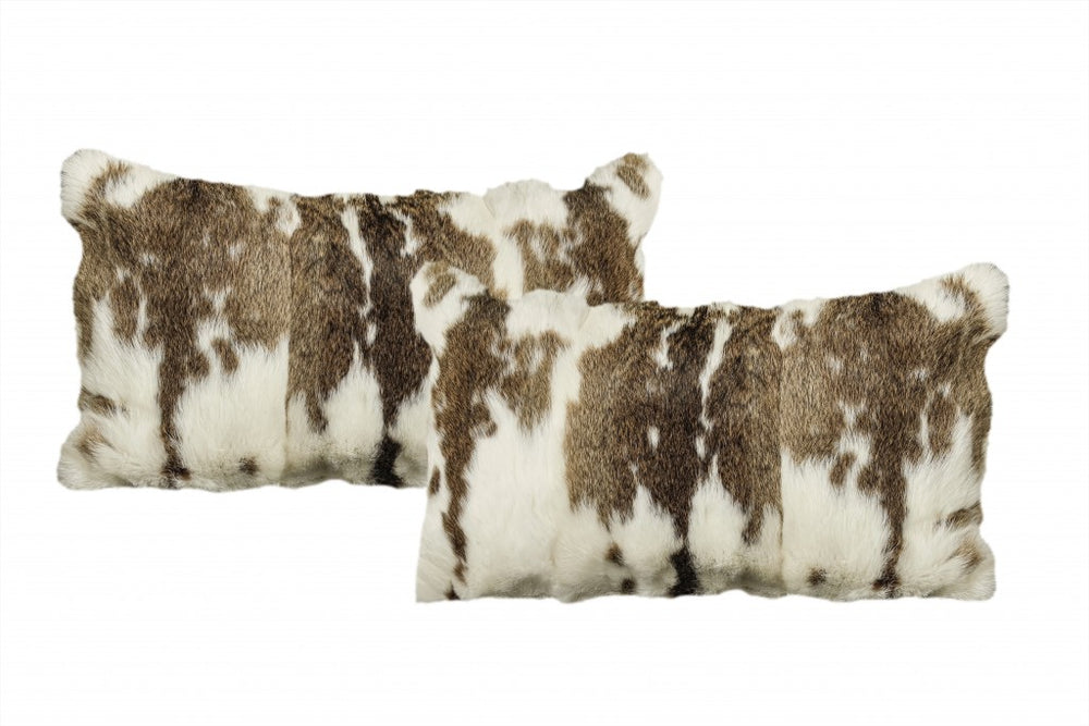 Set of Two 12" X 20" Brown and White Rabbit Natural Fur Throw Pillow - Homeroots - Flyclothing LLC
