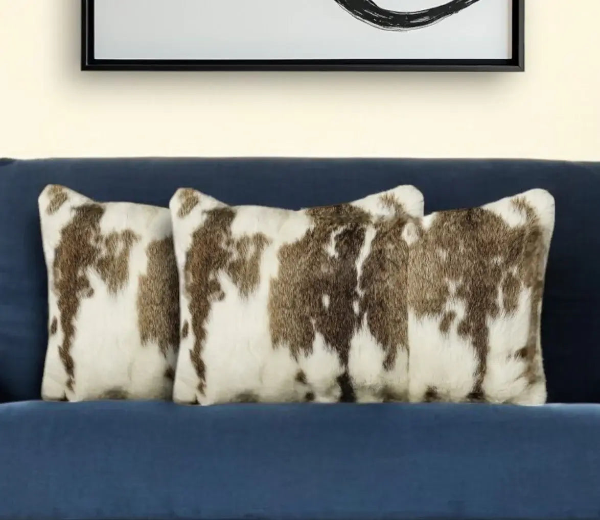 Set of Two 12" X 20" Brown and White Rabbit Natural Fur Throw Pillow - Homeroots - Flyclothing LLC