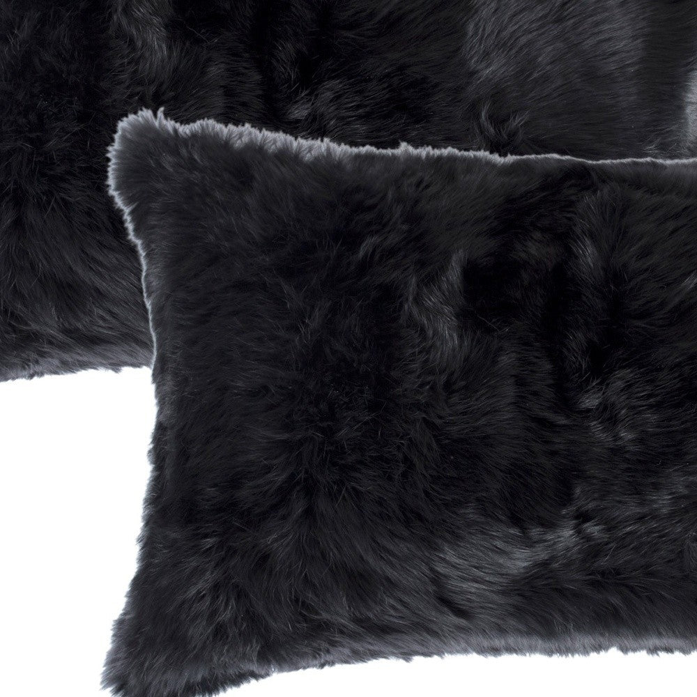 Set of Two 12" X 20" Black Rabbit Natural Fur Throw Pillow - Homeroots - Flyclothing LLC