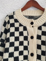 Checkered Button Up Round Neck Cardigan - Trendsi