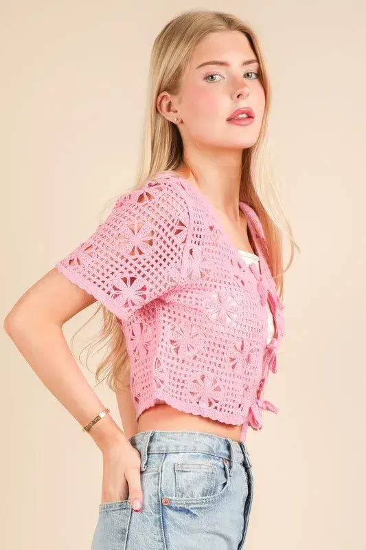 VERY J Front Tie Crochet Crop Top - Trendsi - Flyclothing LLC