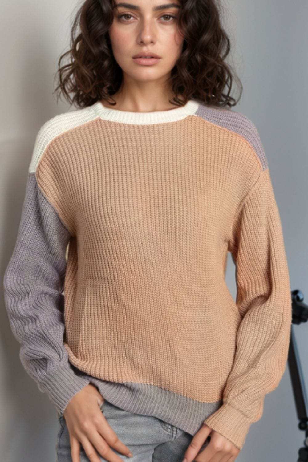 Color Block Round Neck Drop Shoulder Sweater - Trendsi - Flyclothing LLC