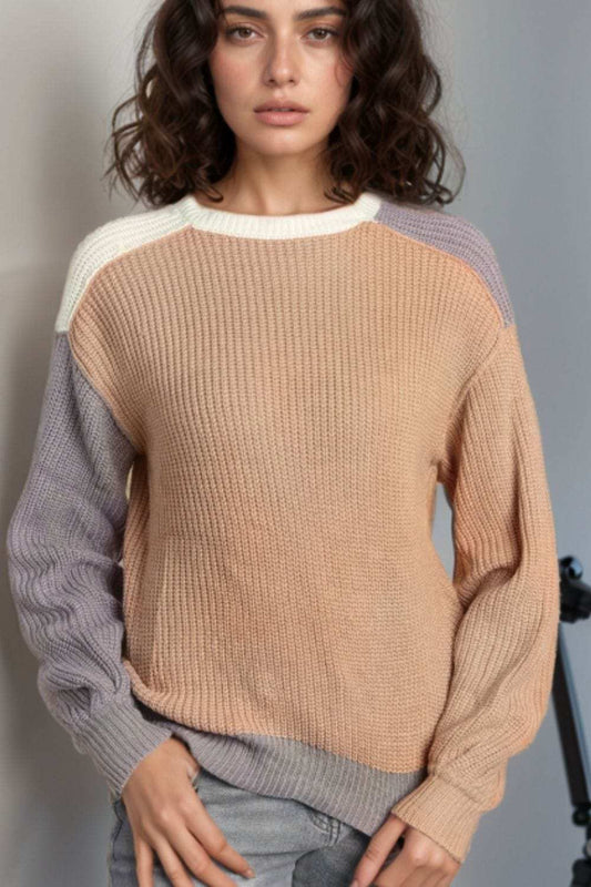 Color Block Round Neck Drop Shoulder Sweater - Trendsi - Flyclothing LLC