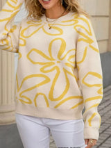 Flower Crew Neck Long Sleeve Sweater - Trendsi - Flyclothing LLC