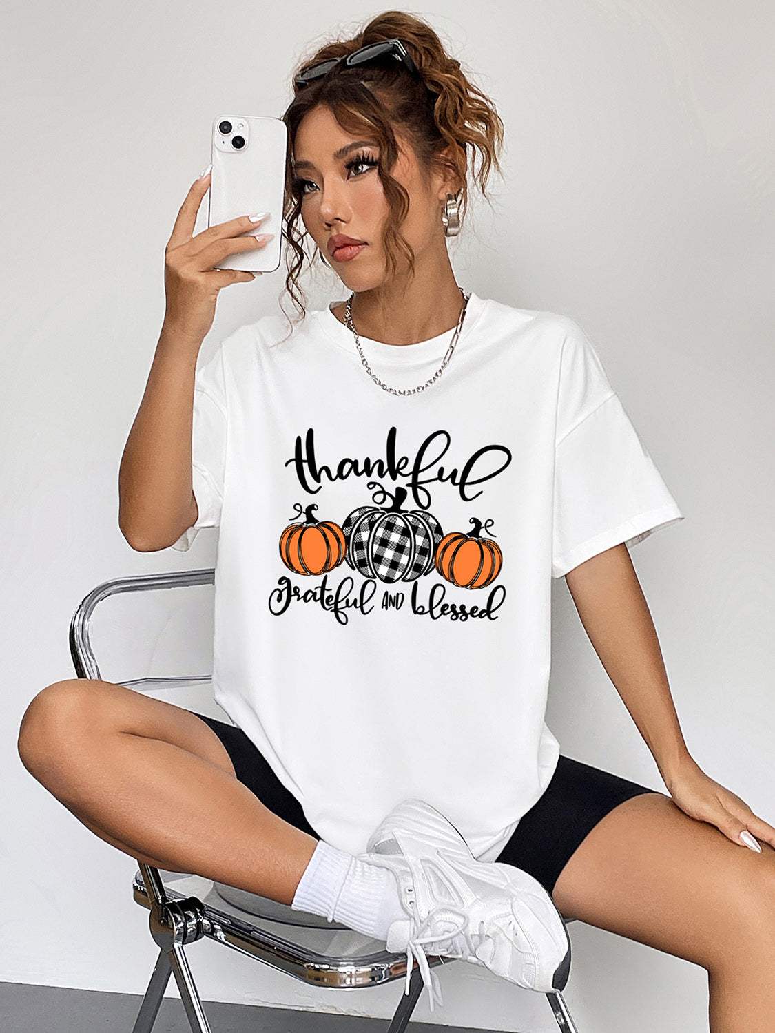 Round Neck Short Sleeve Fall Season Graphic T-Shirt - Trendsi - Flyclothing LLC