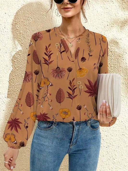 FAM-FAM Printed Notched Long Sleeve Blouse - Trendsi - Flyclothing LLC