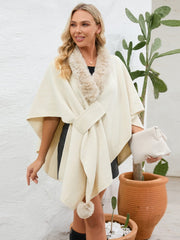 Fuzzy Trim Open Front Poncho - Trendsi