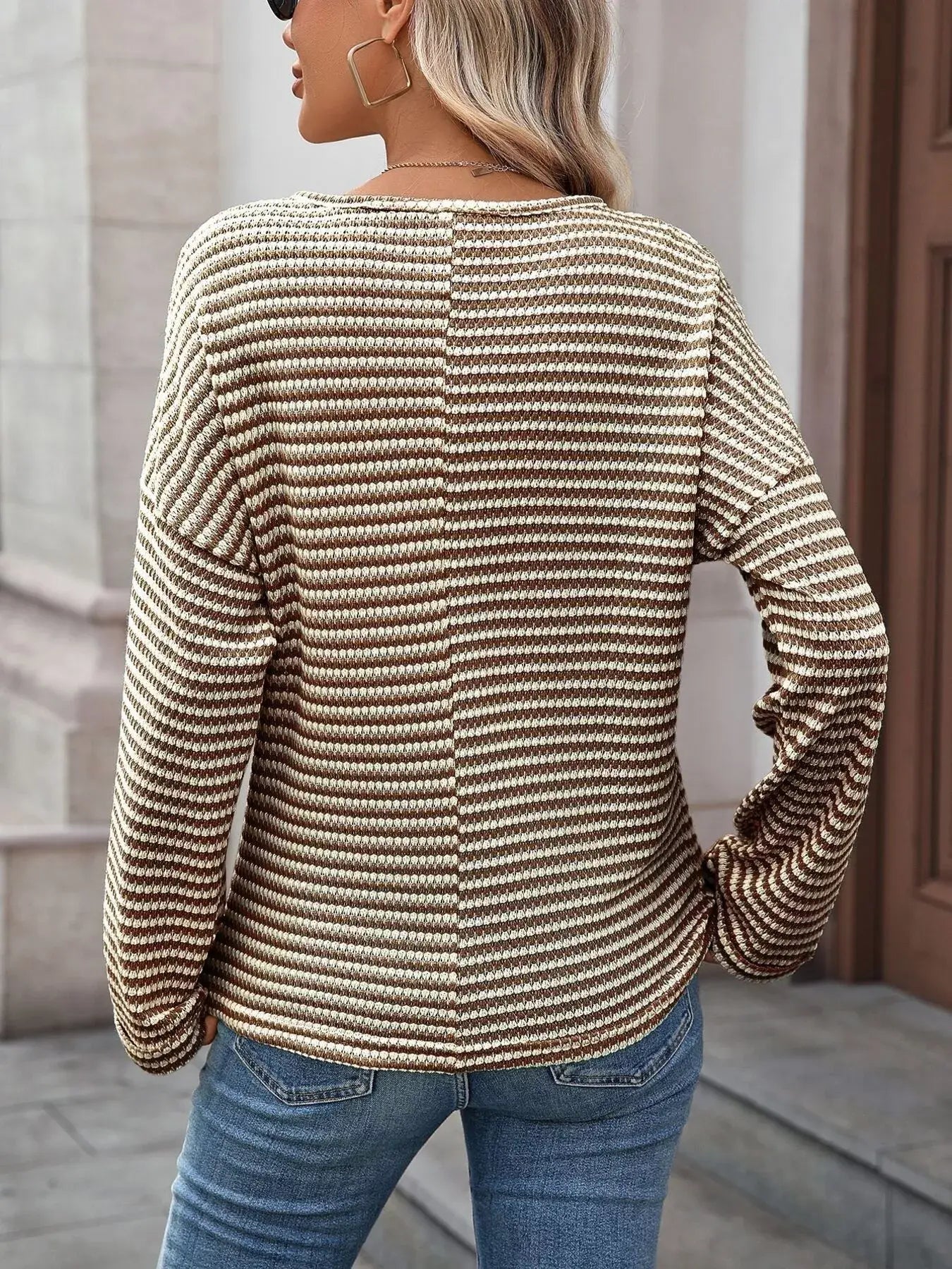 Striped Notched Long Sleeve T-Shirt - Trendsi - Flyclothing LLC