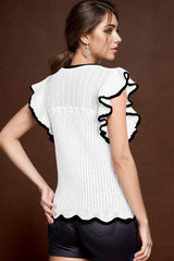 Ruffled Round Neck Cap Sleeve Knit Top - Trendsi - Flyclothing LLC