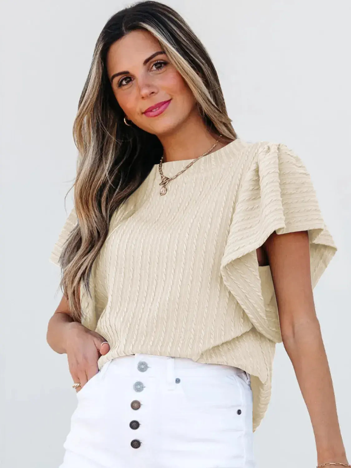 Round Neck Ruffle Sleeve Top - Trendsi - Flyclothing LLC