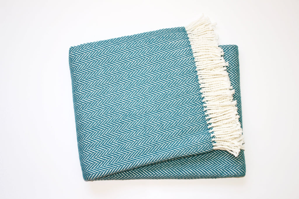55" X 70" Teal Blue and White Woven Herringbone Plush Throw Blanket - Homeroots - Flyclothing LLC