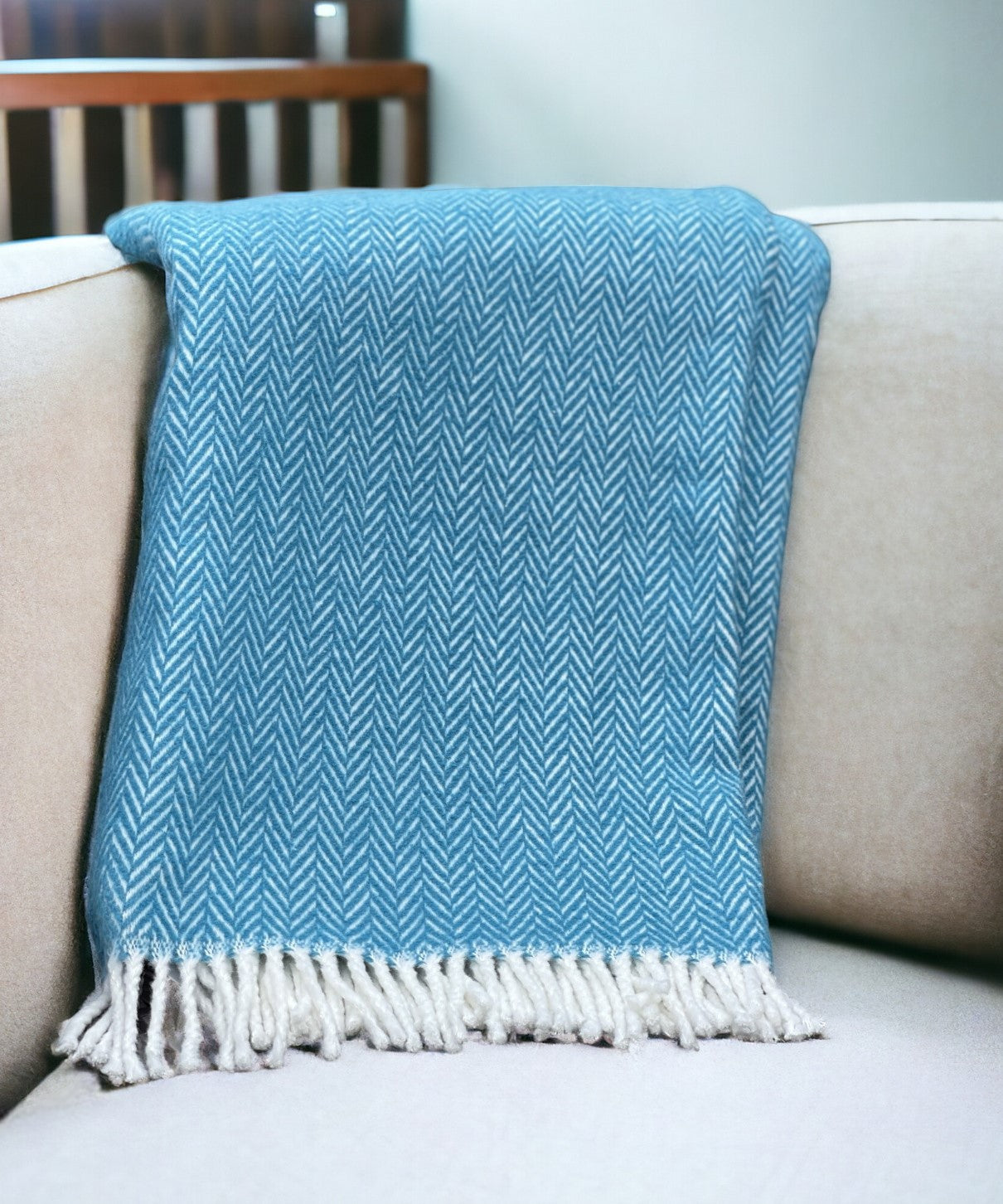 55" X 70" Teal Blue and White Woven Herringbone Plush Throw Blanket - Homeroots - Flyclothing LLC