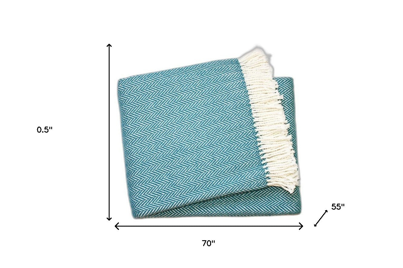 55" X 70" Teal Blue and White Woven Herringbone Plush Throw Blanket - Homeroots - Flyclothing LLC