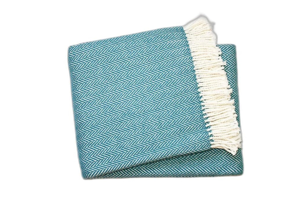 55" X 70" Teal Blue and White Woven Herringbone Plush Throw Blanket - Homeroots - Flyclothing LLC