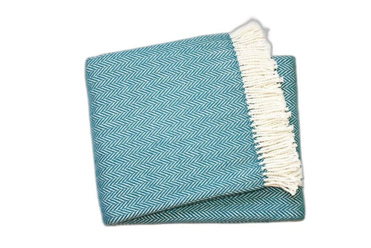 55" X 70" Teal Blue and White Woven Herringbone Plush Throw Blanket - Homeroots