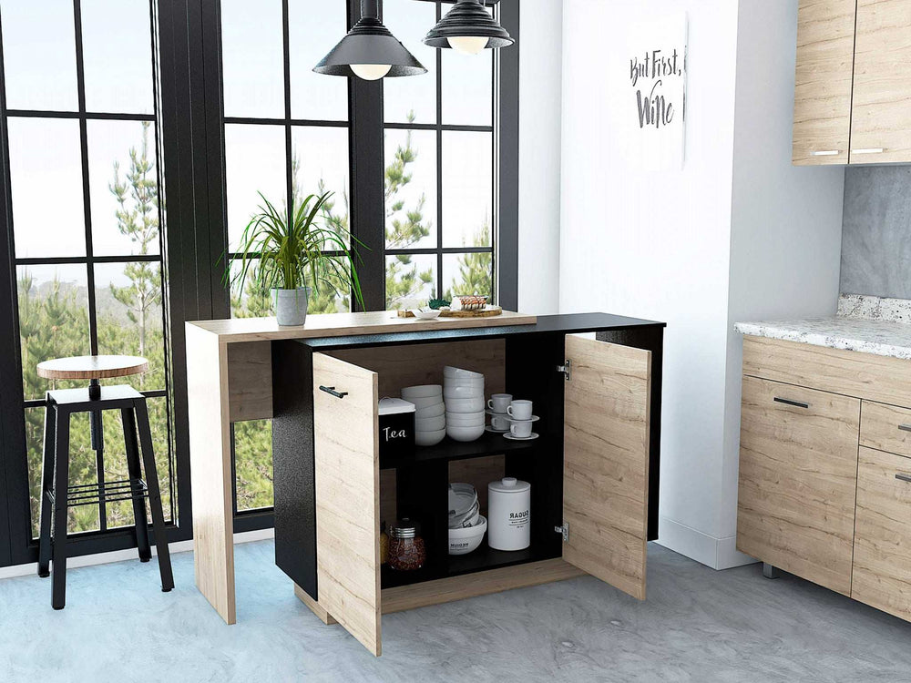 Black and Light Oak Contemporary Kitchen Island with Bar Table - Homeroots - Flyclothing LLC