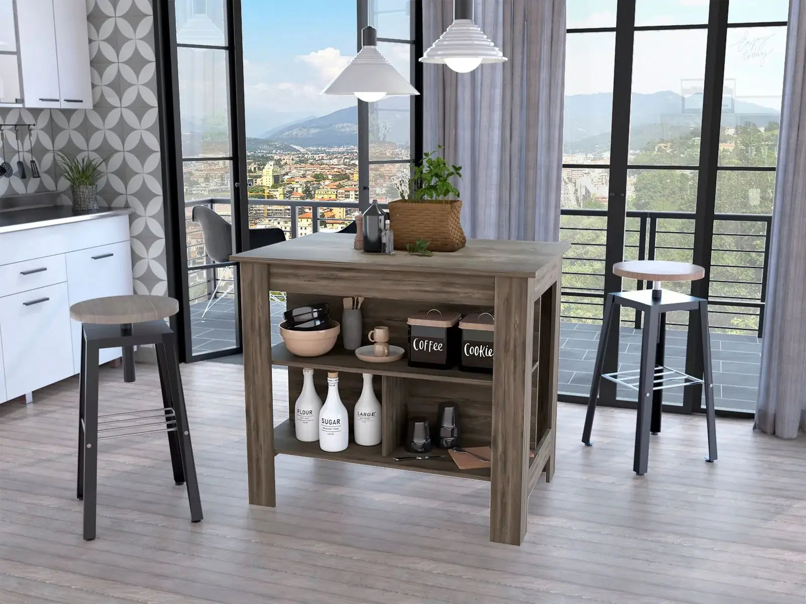 Brown Kitchen Island with Three Storage Shelves - Homeroots - Flyclothing LLC