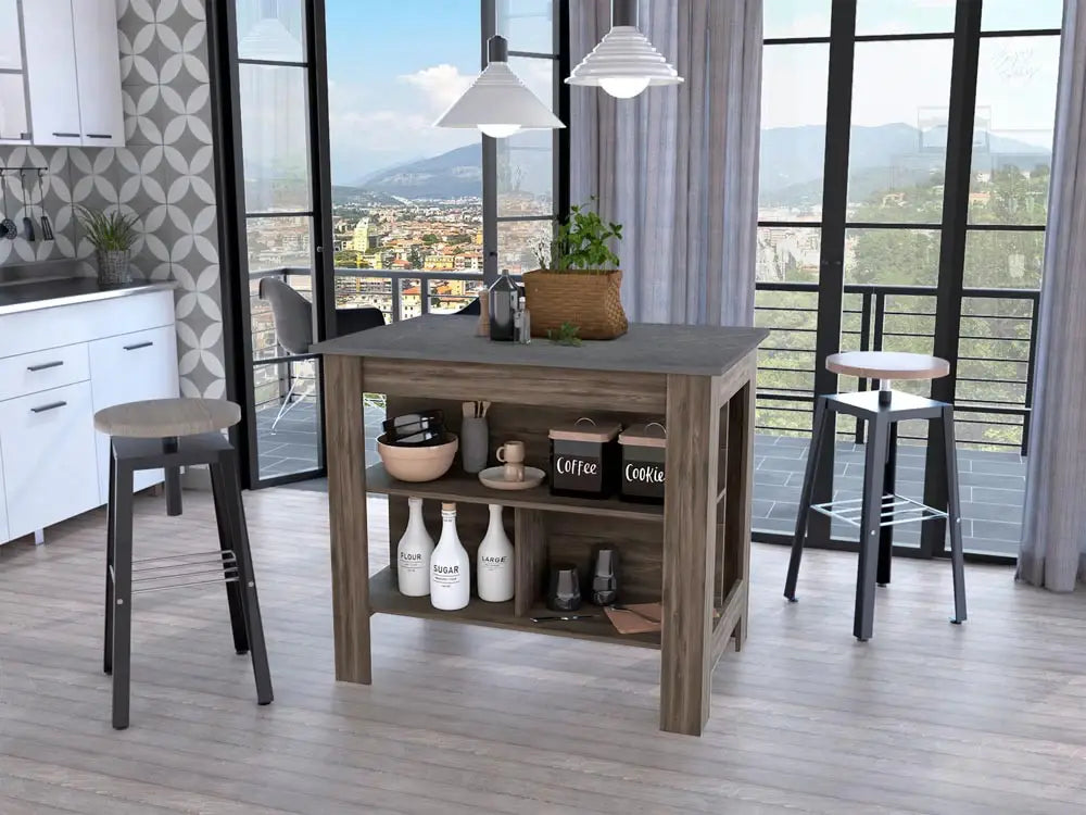 Dark Brown and Onyx Kitchen Island with Three Storage Shelves - Homeroots - Flyclothing LLC