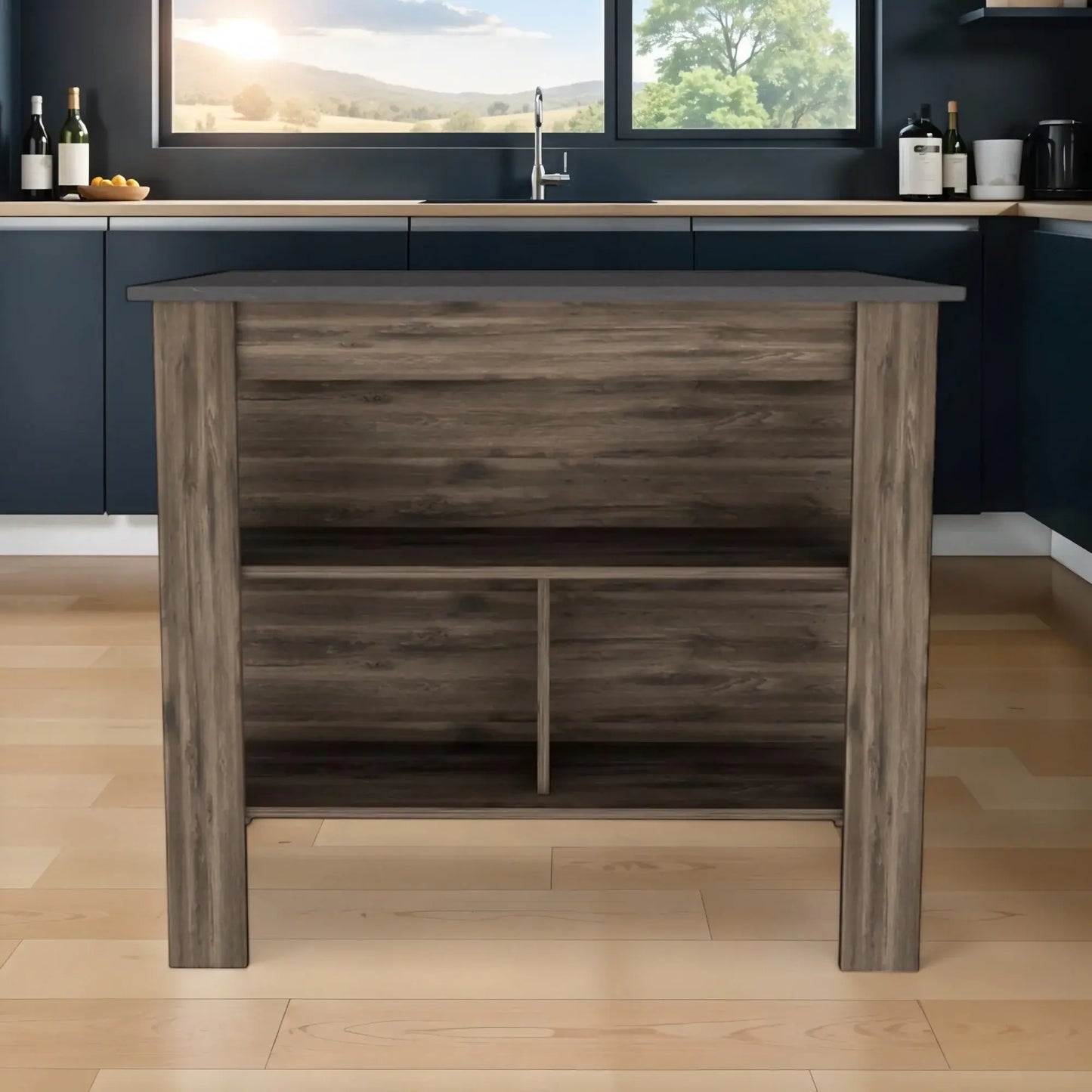 Dark Brown and Onyx Kitchen Island with Three Storage Shelves - Homeroots - Flyclothing LLC
