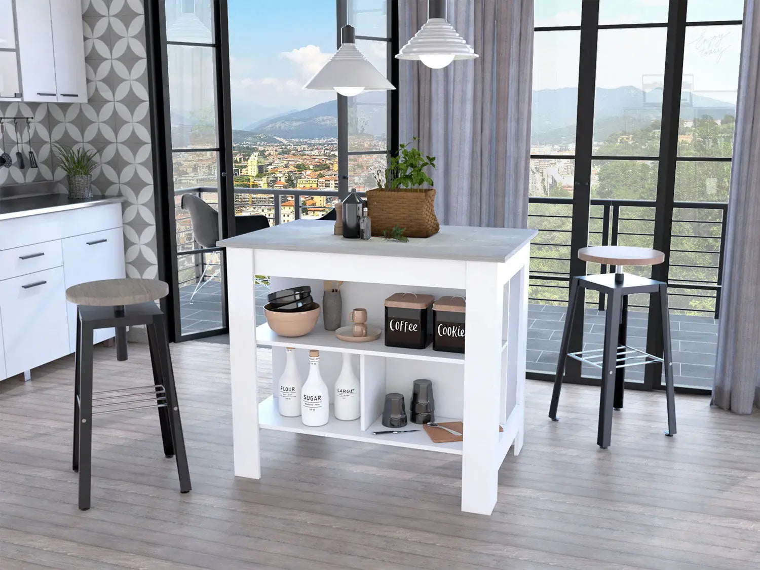 Marble and White Kitchen Island with Three Storage Shelves - Homeroots - Flyclothing LLC