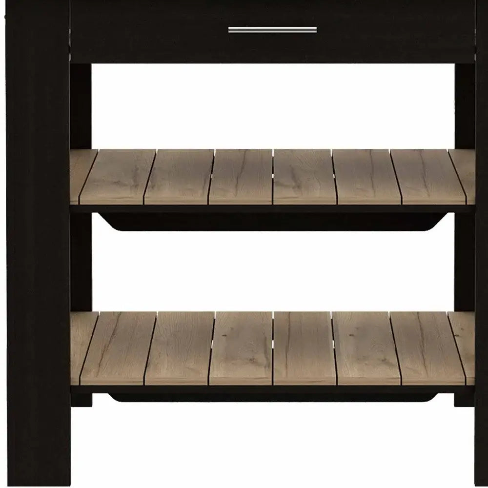 Light Oak and Black Kitchen Island with Drawer and Two Open Shelves - Homeroots - Flyclothing LLC